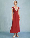 Sueña™ Kırmızı V Yaka Puantiyeli Dantelli Uzun Elbise