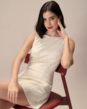 Sueña Bej Kayık Yaka Dokulu Mini Elbise