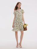 Asetat Karışımlı Çiçek Desenli Volanlı Etekli Kadın Mini Elbise
