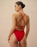 Sueña™ Kırmızı Nervürlü Sırtı Çapraz Tek Parça Mayo