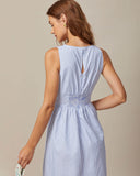 Sueña Mavi V Yaka Büzgülü Çizgili Maxi Elbise