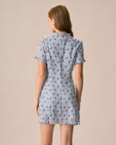 Sueña Mavi V Yaka Fırfırlı Çiçekli Mini Elbise