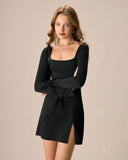 Sueña Kadın Siyah Kare Yaka Uzun Kollu Mini Elbise