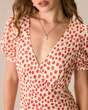 Sueña™ Kırmızı V Yaka Çiçekli Puf Kol Maxi Elbise