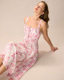 Sueña™ Pembe Kare Yaka Çiçek Dantelli Midi Elbise