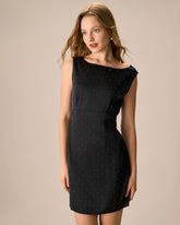 Sueña™ Siyah Kayık Yaka Fiyonklu Saten Mini Elbise