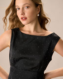 Sueña™ Siyah Kayık Yaka Fiyonklu Saten Mini Elbise