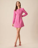 Kadın Pembe Tek Düğmeli Tweed Mini Elbise