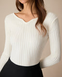 Sueña™ Beyaz V Yaka Gözyaşı Nervürlü Triko Üst