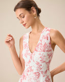 Sueña Kadın Kırmızı V Yaka Kolsuz Çiçekli Midi Elbise