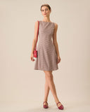 Sueña™ Kadın Kayık Yaka Kahverengi Ekose Mini Elbise