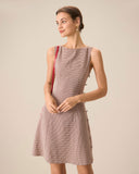 Sueña™ Kadın Kayık Yaka Kahverengi Ekose Mini Elbise