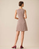 Sueña™ Kadın Kayık Yaka Kahverengi Ekose Mini Elbise