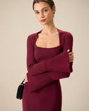 Kırmızı Kare Yakalı, Geniş Kollu Midi Elbise