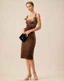 Sueña Kahverengi Kadife Bodycon Midi Elbise