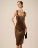 Sueña Kahverengi Kadife Bodycon Midi Elbise