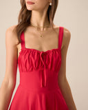 Sueña Kadın Kırmızı Kare Yaka Dantelli Slip Midi Elbise