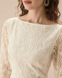 Sueña Beyaz Dantelli Kayık Yaka Yırtmaçlı Midi Elbise