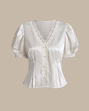 Sueña™ Beyaz Saten V Yaka Dantelli Bluz