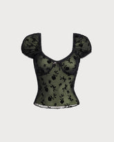 Sueña™ Siyah Çiçekli U Yaka Dantelli Tişört