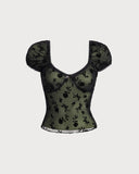 Sueña™ Siyah Çiçekli U Yaka Dantelli Tişört