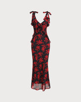 Sueña™ Siyah Çiçekli Şifon Slip Uzun Elbise