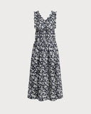 Sueña™ Mavi Çiçekli V Yaka Dantelli Midi Elbise