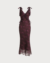 Sueña™ Mor Çiçekli Volanlı Askılı Uzun Elbise