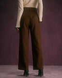 Kahve Düğmeli Eğimli Cepli Düz Pantolon