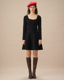 Sueña™ Siyah Kare Yaka Ribanalı Triko Elbise