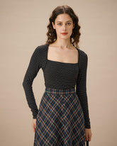 Sueña™ Siyah Kare Yaka Çizgili Triko Tişört