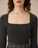 Sueña™ Siyah Kare Yaka Çizgili Triko Tişört