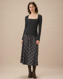 Sueña™ Siyah Kare Yaka Çizgili Triko Tişört