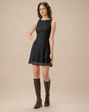 Sueña Siyah Dantel Kayık Yaka Kolsuz Mini Elbise