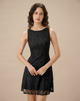 Sueña Siyah Dantel Kayık Yaka Kolsuz Mini Elbise