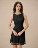 Sueña Siyah Dantel Kayık Yaka Kolsuz Mini Elbise