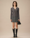 Sueña™ Gri V Yaka Tek Sıra Düğmeli Hırka