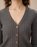 Sueña™ Gri V Yaka Tek Sıra Düğmeli Hırka