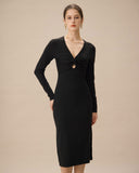 Sueña™ Siyah V Yaka Bodycon Triko Elbise