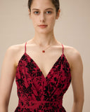 Sueña™ Kırmızı Çiçek Floklu File Yırtmaçlı Maxi Elbise