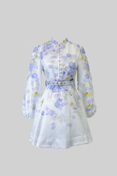 Mor ve Sarı Çiçek Motifli Uzun Kollu Elbise