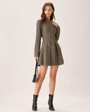 Kahverengi Düğmeli Pileli Mini Elbise