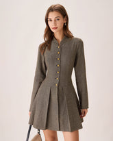 Kahverengi Düğmeli Pileli Mini Elbise