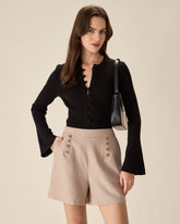 Sueña™ Siyah Yuvarlak Yaka Düğmeli Triko Üst