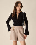 Sueña™ Siyah Yuvarlak Yaka Düğmeli Triko Üst