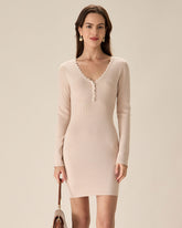 Kayısı Rengi V Yaka Dar Kesim Kazak Elbise