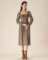 Sueña™ Kahverengi Ekose Kare Yaka Dantelli Midi Elbise