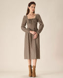 Sueña™ Kahverengi Ekose Kare Yaka Dantelli Midi Elbise