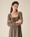 Sueña™ Kahverengi Ekose Kare Yaka Dantelli Midi Elbise