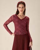 Sueña™ Kırmızı Çiçekli V Yaka Transparan Dantel Tişört